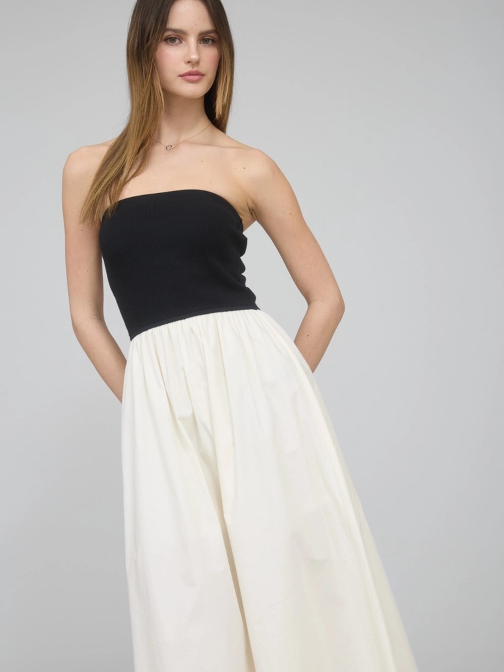 Strapless Two-Tone Maxi Dress in Black & Cream